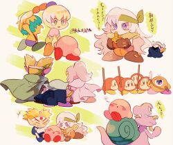 Rule 34 | :d, armor, artist name, blonde hair, blue cape, blush, blush stickers, brother and sister, brown gloves, bun (kirby), cape, closed eyes, colored skin, commentary request, escargon, eyelashes, facing away, fumu (kirby), garlude, gloves, green cape, green eyes, green headband, grey background, grin, hair over eyes, happy, headband, high ponytail, highres, holding, holding hands, holding polearm, holding sword, holding weapon, kirby, kirby (series), knuckle joe, knuckle joe&#039;s father, laughing, long hair, mask, meta knight, nintendo, one-eyed, open mouth, polearm, ponytail, purple eyes, purple skin, short hair, shoulder armor, siblings, simple background, sirica (kirby), sitting, sleeping, smile, snail shell, spear, spiked hair, sword, teeth, tokuura, translation request, twitter username, v-shaped eyebrows, waddle dee, waddle doo, walking, weapon, white background, white cape, white gloves, white hair