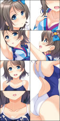 Rule 34 | armpits, arms up, ass, blue bow, blue eyes, blue one-piece swimsuit, blush, bow, breasts, brown hair, cleavage, collarbone, competition school swimsuit, cum, cum on body, facial, hair bow, highres, hino minato (spec.c), looking at viewer, love live!, love live! sunshine!!, medium breasts, one-piece swimsuit, open mouth, school swimsuit, shiny skin, short hair, sideboob, swimsuit, watanabe you