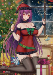 Rule 34 | 2girls, absurdres, black legwear, box, breasts, christmas tree, eyebrows hidden by hair, fate/grand order, fate (series), food, gift, gift box, hat, high heels, highres, holding, holding staff, ice cream, indoors, kneeling, large breasts, long hair, looking at viewer, merry christmas, multiple girls, nero claudius (fate), nero claudius (fate) (all), off-shoulder shirt, off shoulder, purple hair, red eyes, ribbon, ryuuneart, santa hat, scathach (fate), shirt, shoes, snow, snowing, staff, stiletto heels, sweater, table, thighhighs, winter
