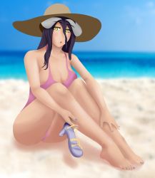 Rule 34 | 1girl, absurdres, albedo (overlord), beach, beasts, black hair, feet, highres, horns, nail polish, overlord (maruyama), shoes, unworn shoes, swimsuit, toes, yellow eyes