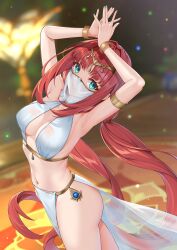 Rule 34 | 1girl, armlet, armpits, ass, blue nails, breasts, closed mouth, dancer, genshin impact, gold bracelet, green eyes, harem outfit, highres, jewelry, long hair, low twintails, matrix16, medium breasts, mouth veil, navel, neck ring, nilou (genshin impact), red hair, see-through, sideboob, smile, solo, stomach, thighs, twintails, veil, very long hair