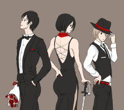 Rule 34 | 1girl, 2boys, armin arlert, bad id, bad pixiv id, belt, bouquet, bow, bowtie, dress, eren yeager, flower, formal, hand in pocket, hand on own hip, hat, mikasa ackerman, multiple boys, pant suit, pants, red flower, red rose, rose, shingeki no kyojin, suit, sword, top hat, traditional bowtie, vest, weapon, yappo (point71)