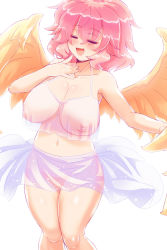 Rule 34 | 1girl, :d, bad id, bad pixiv id, bare arms, bare shoulders, bird wings, blush, breasts, camisole, cleavage, closed eyes, collarbone, covered erect nipples, cowboy shot, demekyon, halterneck, harpy (puyopuyo), highres, large breasts, navel, nipples, open mouth, pink hair, puyopuyo, sarong, see-through, smile, solo, wings