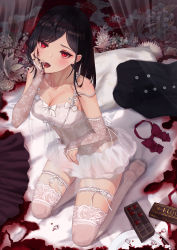 Rule 34 | 1girl, absurdres, bare shoulders, black hair, blood, blood in mouth, blood on face, blush, breasts, bridal garter, bridal gauntlets, cleavage, collarbone, commentary request, dress, fangs, floral print, flower, from above, gloves, highres, long hair, medium breasts, mole, mole on breast, no shoes, off-shoulder dress, off shoulder, open mouth, original, parted bangs, print dress, print gloves, red eyes, rose print, sitting, sleeveless, sleeveless dress, solo, strap slip, teeth, thighhighs, tongue, tooku0, upper teeth only, white dress, white thighhighs