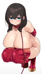 Rule 34 | 1girl, angry, arms behind back, bdsm, blue eyes, blush, bondage, bound, breasts, brown hair, closed mouth, collar, covering nipples, covering privates, elbow gloves, gloves, highres, huge breasts, iwami sayaka, leash, long hair, omizu (h2o), original, red footwear, red thighhighs, restrained, shoes, slave, solo, squatting, thighhighs