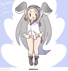 Rule 34 | 1girl, animal hood, arms up, blue background, boots, coroha, full body, giant penguin (kemono friends), gloves, grey hair, headphones, hood, hoodie, jumping, kemono friends, long hair, looking at viewer, penguin girl, penguin hood, penguin tail, simple background, skirt, socks, solo, tail