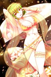 Rule 34 | 1girl, arm up, armpits, breasts, cleavage, collarbone, cosplay, cowboy shot, dancer, earrings, fate/grand order, fate (series), green hair, highres, hoop earrings, itocoh, jewelry, kazami yuuka, large breasts, looking at viewer, mata hari (fate) (cosplay), mata hari (fate), neck ring, red eyes, revealing clothes, shawl, short hair, smile, solo, tongue, tongue out, touhou, veil