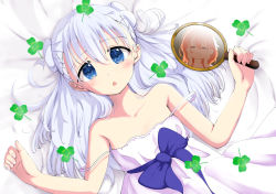 Rule 34 | 2girls, alternate costume, alternate hairstyle, bare arms, bare shoulders, bed sheet, blue bow, blue eyes, blue hair, blush, bow, chestnut mouth, closed eyes, clover, commentary request, double bun, dress, flat chest, from above, gochuumon wa usagi desu ka?, hair between eyes, hair bun, hair ornament, hairclip, hand mirror, hands on own cheeks, hands on own face, holding, holding mirror, hoto cocoa, houbunsha, kafuu chino, light blue hair, long hair, looking at viewer, lying, mirror, multiple girls, off shoulder, on back, open mouth, orange hair, reflection, rocha (aloha ro cha), sleeveless, sleeveless dress, strap slip, upper body, white background, white dress, x hair ornament