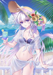 Rule 34 | 1girl, absurdres, animal ears, bikini, blue nails, blue sky, breasts, cleavage, cloud, collarbone, cowboy shot, cup, day, floating hair, flower, hair between eyes, halterneck, hat, hat flower, hat ribbon, hibiscus, highres, holding, holding cup, island, kirby d a, long hair, looking at viewer, md5 mismatch, medium breasts, nail polish, navel, ocean, original, outdoors, parted lips, purple bikini, purple eyes, purple ribbon, red flower, resolution mismatch, ribbon, sarong, silver hair, sky, solo, source smaller, standing, straw hat, striped, striped ribbon, sun hat, swimsuit, tail, very long hair, wolf ears, wolf tail, yellow flower, yellow hat