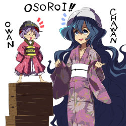 Rule 34 | 2girls, :d, ahoge, alternate costume, alternate headwear, arms up, barefoot, blue eyes, blue hair, bowl, bowl hat, closed eyes, collarbone, cowboy shot, crate, flat chest, floral print, hands on own hips, hat, highres, japanese clothes, kimono, legs apart, long hair, long sleeves, looking up, mini person, minigirl, multiple girls, obi, open mouth, purple hair, ribs, romaji text, sash, short hair, simple background, smile, standing, sukuna shinmyoumaru, sweatdrop, syope, touhou, translation request, very long hair, white background, yorigami shion, yukata