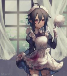 Rule 34 | ahoge, apron, black dress, black hair, blush, breasts, commentary request, curtains, dark-skinned female, dark skin, dress, duster, elf, frilled apron, frills, garter straps, gloves, hair between eyes, hand up, holding, indoors, juliet sleeves, long sleeves, looking at viewer, maid, maid apron, maid headdress, narusegawa riko, original, parted lips, pointy ears, puffy sleeves, red eyes, sidelocks, small breasts, solo, stain, thighhighs, transparent, white apron, white gloves, white thighhighs, window