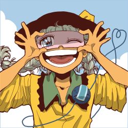 Rule 34 | 1girl, alternate hairstyle, braid, covering privates, covering face, covering own eyes, face, female focus, grin, hat, komeiji koishi, one eye closed, onikobe rin, open mouth, sleeves rolled up, smile, solo, touhou, twin braids, wink