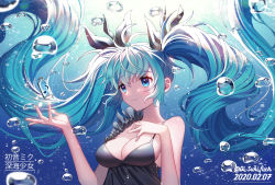 Rule 34 | 1girl, absurdres, air bubble, aqua hair, bare arms, bare shoulders, black dress, black ribbon, blue eyes, blush, breasts, bubble, character name, cleavage, closed mouth, commentary request, dated, dress, eighth note, hair ribbon, hand on own chest, hatsune miku, highres, jar, lens flare, light rays, long hair, medium breasts, musical note, outstretched hand, ribbon, seoki (hi3031), shinkai shoujo (vocaloid), sleeveless, sleeveless dress, smile, solo, sunbeam, sunlight, twintails, twitter username, underwater, upper body, very long hair, vocaloid