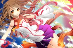 Rule 34 | 1girl, asymmetrical sleeves, brown eyes, brown hair, detached sleeves, female focus, kokone (vocaloid), l-edogawa, long hair, mismatched sleeves, outdoors, pleated skirt, red scarf, scarf, skirt, sky, solo, vocaloid