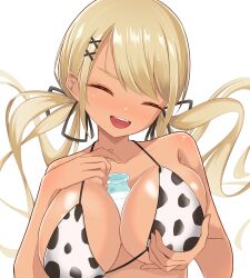 Rule 34 | 1girl, animal print, barbell piercing, between breasts, bikini, black ribbon, blonde hair, bottle, breasts, cleavage, closed eyes, commentary request, cow print, cow print bikini, dark-skinned female, dark skin, ear piercing, fang, floating hair, grabbing own breast, gyaru, hair ornament, hair ribbon, hhh8 8, highres, kaminari qpi, large breasts, lightning bolt piercing, long hair, low twintails, milk, milk bottle, open mouth, partial commentary, piercing, print bikini, ribbon, sexually suggestive, simple background, smile, solo, string bikini, swept bangs, swimsuit, teeth, twintails, upper body, upper teeth only, variant set, virtual youtuber, vspo!, white background, x hair ornament
