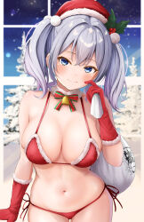 Rule 34 | 1girl, absurdres, bare shoulders, bell, bikini, blue eyes, blush, breasts, ca paria, christmas, closed mouth, commentary request, cowboy shot, detached collar, fur-trimmed bikini, fur-trimmed gloves, fur trim, gloves, grey hair, hat, highres, holding, holding sack, kantai collection, kashima (kancolle), large breasts, looking at viewer, navel, neck bell, red bikini, red gloves, revision, sack, santa hat, side-tie bikini bottom, smile, solo, stomach, swimsuit, twintails