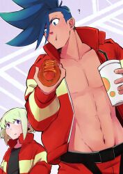 Rule 34 | 2boys, ?, abs, aus vaka, bare pectorals, black shirt, blue eyes, blue hair, chewing, closed mouth, couple, cowboy shot, cup, earrings, eating, eye contact, food, galo thymos, green hair, highres, holding, holding cup, holding food, hot dog, jacket, jewelry, lio fotia, looking at another, male focus, mohawk, multiple boys, muscular, muscular male, open clothes, open jacket, orange jacket, pectorals, promare, purple background, purple eyes, shirt, short hair, short hair with long locks, sidelocks, single earring, size difference, spiked hair, triangle earrings, upper body, yaoi