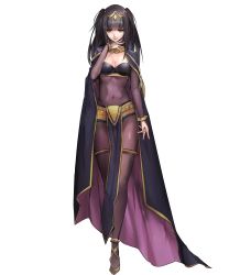 Rule 34 | 1girl, black eyes, black hair, blunt bangs, bodysuit, breasts, bridal gauntlets, cape, circlet, cleavage, fire emblem, fire emblem awakening, fire emblem heroes, full body, highres, long hair, matching hair/eyes, nintendo, official art, short twintails, solo, standing, tharja (fire emblem), transparent background, twintails, two side up, zis