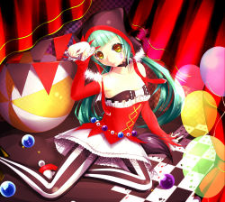 Rule 34 | 1girl, arkcide, bad id, bad pixiv id, ball, balloon, cat food (vocaloid), checkered floor, choker, floor, green hair, hatsune miku, highres, looking at viewer, pantyhose, project diva (series), project diva f, sitting, solo, striped clothes, striped pantyhose, twintails, vertical-striped clothes, vertical-striped pantyhose, vocaloid, yellow eyes