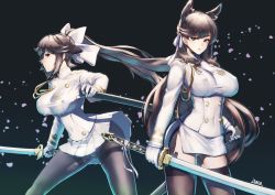 Rule 34 | 2girls, aiguillette, animal ears, artist name, atago (azur lane), azur lane, black background, black legwear, bow, breasts, brown eyes, brown hair, buttons, closed mouth, commentary request, cowboy shot, double-breasted, fighting stance, gloves, gluteal fold, hair bow, hair ribbon, highres, holding, holding sword, holding weapon, itaco, katana, large breasts, legs apart, long hair, long sleeves, looking at viewer, military, military uniform, miniskirt, mole, mole under eye, multiple girls, panties, panties under pantyhose, pantyhose, pantyshot, parted lips, pleated skirt, ponytail, profile, ready to draw, ribbon, sheath, simple background, skirt, smile, standing, sword, takao (azur lane), thighband pantyhose, thighhighs, tsurime, underwear, uniform, unsheathed, upskirt, very long hair, weapon, white bow, white gloves, white panties, white ribbon, white skirt
