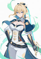 Rule 34 | 1girl, absurdres, belt, black ribbon, blonde hair, blue capelet, blue eyes, capelet, commentary request, cowboy shot, detached sleeves, genshin impact, grey background, hair ribbon, hand on own hip, highres, holding, holding sword, holding weapon, jean (genshin impact), kazezz, leggings, long hair, looking at viewer, pants, ponytail, reverse grip, ribbon, shirt, smile, solo, standing, strapless, strapless shirt, sword, thighs, weapon, white pants, white shirt