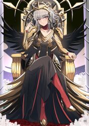 Rule 34 | 1girl, black dress, breasts, collar, commentary, crossed legs, crown, dress, english commentary, fire emblem, fire emblem heroes, gold footwear, gold trim, grey hair, high heels, highres, ihsnet, looking at viewer, nintendo, official alternate costume, official alternate hairstyle, pumps, red eyes, shoes, short hair with long locks, sitting, small breasts, solo, stiletto heels, throne, veronica (fire emblem), watermark, wings