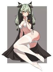 Rule 34 | 1girl, absolutemabbak, absurdres, anchovy (girls und panzer), anzio (emblem), ass, bikini, black cape, black ribbon, blush, breasts, cape, cleavage, closed mouth, commentary, drill hair, emblem, full body, girls und panzer, green hair, grey background, hair ribbon, hand on own chin, highres, legs, light frown, long hair, looking at viewer, lying, medium breasts, navel, on side, orange eyes, outside border, ribbon, side-tie bikini bottom, solo, swimsuit, thighhighs, twin drills, twintails, white bikini, white thighhighs