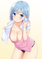 Rule 34 | 1girl, areola slip, bare shoulders, black panties, blue eyes, blue hair, blush, bob cut, breasts, cleavage, collarbone, commentary request, downblouse, hair between eyes, hair ornament, hairclip, highres, holding, holding towel, large breasts, leaning forward, n.g., nipple slip, nipples, no bra, open mouth, original, oversized clothes, panties, pink shirt, shirt, short hair, simple background, solo, standing, tank top, towel, underwear, wet, white towel