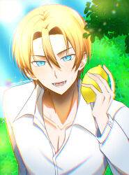 Rule 34 | 1boy, collarbone, commentary request, day, food, fruit, green eyes, hair between eyes, highres, holding, holding food, holding fruit, lemon, lower teeth only, male focus, outdoors, shirt, shokugeki no souma, solo, takumi aldini, teeth, tongue, tree, user xjan4275, white shirt