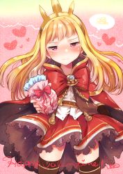 Rule 34 | 1girl, blonde hair, blush, bow, brooch, cagliostro (granblue fantasy), capelet, chocolate, cloak, dress, food, frilled dress, frilled skirt, frills, frown, granblue fantasy, headband, heart, holding, holding chocolate, holding food, ichihaya, jewelry, long hair, looking at viewer, red bow, scribble, skirt, yellow eyes