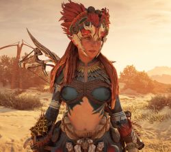 Rule 34 | 1girl, 3d, aloy (horizon), bodypaint, braid, breasts, female focus, freckles, game cg, game console, glitch, horizon (video game), horizon forbidden west, horizon zero dawn, long hair, messy hair, navel, nipples, outdoors, red hair, solo, sweat, tribal, upper body, video game