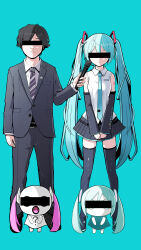 Rule 34 | 1boy, 3girls, ?, absurdres, aimaina, anonymous m (vocaloid), aqua background, aqua hair, aqua necktie, aqua shirt, aqua theme, arufa faru, badge, bar censor, bare shoulders, black hair, black lips, black skirt, black sleeves, black thighhighs, censored, commentary, creature, detached sleeves, doushite-chan, dress pants, expressionless, facing viewer, fangs, formal, full body, hair ornament, hatsune miku, hatsune miku (vocaloid4), headphones, headset, highres, holding, holding microphone, identity censor, interview, jacket, long hair, microphone, miniskirt, multiple girls, necktie, no mouth, official art, open mouth, own hands together, pink hair, pinocchio-p, pleated skirt, shirt, shoulder tattoo, skirt, sleeveless, sleeveless shirt, standing, straight-on, striped necktie, suit, suit jacket, tattoo, thighhighs, twintails, v4x, very long hair, vocaloid, white shirt, zettai ryouiki