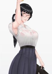 Rule 34 | 1girl, absurdres, arm up, armpits, bag, belt, black hair, blush, bra visible through clothes, breasts, buttons, collared shirt, cut bangs, dawid33, glasses, grey eyes, hair ribbon, highres, holding, holding bag, hot, lips, looking at viewer, medium breasts, mole, mole under eye, mole under mouth, original, parted lips, ponytail, presenting armpit, ribbon, see-through, shirt, short sleeves, simple background, skirt, smelling, stained clothes, sweat, sweaty clothes, upper body, wet, wet clothes, wet shirt, white background, white shirt