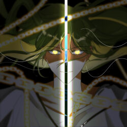 Rule 34 | 030 fate, 1other, androgynous, chain, enkidu (fate), fate/strange fake, fate (series), glowing, glowing chain, glowing eyes, green hair, hair between eyes, highres, inverted colors, long hair, looking at viewer, loose hair strand, robe, smile, solo, split screen, straight-on, telekinesis, upper body, very long hair, white robe, yellow eyes