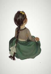 Rule 34 | 1girl, absurdres, black hair, bow, braid, child, flower, from behind, hair bow, highres, long hair, long sleeves, looking at viewer, mossacannibalis, original, sideways glance, simple background, solo, white background, white bow, yellow flower