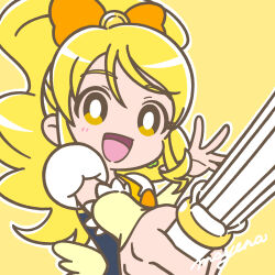 Rule 34 | 1girl, blonde hair, blush, bow, bright pupils, cure honey, earrings, eyelashes, hair bow, hair ornament, happinesscharge precure!, highres, holding, holding weapon, jewelry, long hair, looking at viewer, low wings, magical girl, mayena, oomori yuuko, open mouth, outline, ponytail, precure, puffy short sleeves, puffy sleeves, short sleeves, sidelocks, signature, simple background, smile, solo, upper body, weapon, white outline, white pupils, wide ponytail, wings, wrist cuffs, yellow background, yellow eyes