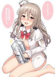 Rule 34 | 1girl, blush, bottomless, breasts, brown eyes, commentary request, grey hair, hat, highres, kantai collection, large breasts, long hair, long sleeves, looking at viewer, mini hat, nakamura sumikage, naked shirt, nose blush, open mouth, pola (kancolle), shirt, sitting, solo, speech bubble, tilted headwear, translation request, wariza, wavy hair, white shirt