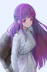 Rule 34 | 1girl, absurdres, blood, blood on clothes, dress, expressionless, fern (sousou no frieren), highres, kaze 22, long hair, looking at viewer, mage staff, purple hair, purple pupils, simple background, solo, sousou no frieren, white background, white dress