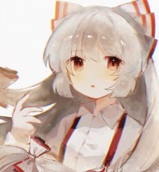 Rule 34 | 1girl, bow, chicachang, collared shirt, commentary request, fujiwara no mokou, hair bow, hand up, highres, long hair, long sleeves, looking at viewer, open mouth, red bow, red eyes, shirt, simple background, solo, suspenders, touhou, two-tone bow, upper body, white background, white bow, white hair, white shirt