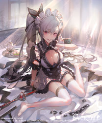 Rule 34 | 1girl, absurdres, bed, breasts, chain, cleavage, commentary request, copyright name, cup, evertale, full body, gloves, highres, kakage, large breasts, looking at viewer, maid, maid headdress, open mouth, red eyes, short sleeves, side ponytail, sitting, solo, sword, teacup, teapot, teeth, thighhighs, tongue, tray, weapon, white hair