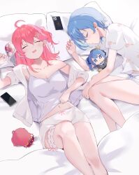 Rule 34 | 2girls, ahoge, aya02ka, bed, bed sheet, blue hair, breasts, bridal garter, camisole, cellphone, flower brooch, hair ornament, hairclip, highres, hololive, hoshimachi suisei, hoshimachi suisei (1st costume), lace trim, medium breasts, medium hair, multiple girls, open mouth, phone, pillow, pink hair, sakura miko, sakura miko (1st costume), shirt, short hair, short shorts, shorts, side ponytail, sleeping, small breasts, smartphone, thigh strap, virtual youtuber