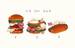 Rule 34 | :q, absurdres, american flag, bacon, blush stickers, bread, burger, cheese, closed mouth, commentary request, creature, egg (food), expressionless, food, food focus, highres, hot dog, ketchup, lettuce, mini flag, mop (shirokumaiceumaiyo), no humans, olive, original, pickle, sandwich, solid circle eyes, sunny side up egg, tomato, tongue, tongue out, translation request, white background