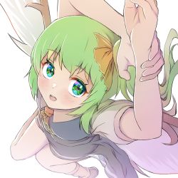 Rule 34 | 1girl, :d, blush, bow, daiyousei, face, fairy wings, fog, from above, green eyes, green hair, hair bow, long hair, looking at viewer, open mouth, round teeth, shiroi karasu, side ponytail, simple background, smile, solo, symbol-shaped pupils, teeth, touhou, upper teeth only, white background, white legwear, wings