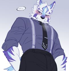 Rule 34 | ..., 1boy, animal ears, bara, black necktie, black pants, blush, commentary, demonzwdw, english commentary, from below, furry, furry male, grey background, grey shirt, highres, live a hero, looking at viewer, male focus, necktie, pants, sadayoshi (live a hero), shirt, speech bubble, suspenders, sweatdrop, tail, wolf boy, wolf ears, wolf tail