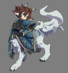Rule 34 | 1boy, animal ear fluff, animal ears, belt, black gloves, blue capelet, blue eyes, blue pupils, brown hair, capelet, centauroid, claws, coat, collared capelet, full body, gloves, grey background, grey fur, hair between eyes, hand on own hip, hand up, high collar, highres, inumimi-syndrome, looking to the side, male focus, monster boy, open mouth, pixiv fantasia, pixiv fantasia last saga, ringed eyes, short eyebrows, short hair, simple background, solo, tail, taur, walking, wolf boy, wolf ears, wolf tail