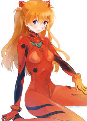 Rule 34 | 1girl, bad id, bad pixiv id, blue eyes, fly 333, from side, hair between eyes, hair ornament, hand on own thigh, long hair, looking at viewer, narrow waist, neon genesis evangelion, orange hair, plugsuit, rebuild of evangelion, sitting, solo, souryuu asuka langley, spread legs, two side up, wariza, white background