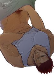Rule 34 | 1boy, abs, bara, bare shoulders, beard, blue eyes, boku no hero academia, endeavor (boku no hero academia), facial hair, grabbing, groin, hand under clothes, large pectorals, male focus, male pubic hair, mature male, midriff peek, muscular, muscular male, o-sato, official alternate costume, pectoral grab, pectorals, pubic hair, red hair, scar, scar across eye, scar on face, grabbing own breast, shirt, short hair, sideburns, sidepec, solo, spiked hair, stomach, stubble, tank top, tight clothes, tight shirt, undressing, upside-down, white background, white tank top