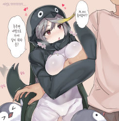 Rule 34 | &gt; &lt;, 1boy, 1girl, animal, animal costume, animal hood, arm grab, bird, blonde hair, blush, bodysuit, breast press, breasts, commander (last origin), empress (last origin), faceless, faceless male, grey hair, head out of frame, heart, hetero, hood, jageungansik, korean text, large breasts, last origin, looking at another, multicolored hair, open mouth, penguin, penguin costume, penguin hood, red eyes, shirt, solo focus, streaked hair, t-shirt, tail, tail wagging
