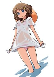 Rule 34 | 1girl, ahoge, bikini, blue eyes, breasts, brown hair, brown hat, collarbone, commentary request, covered navel, dot nose, hair ornament, hairclip, hat, idolmaster, idolmaster million live!, legs, looking at viewer, on water, pink bikini, see-through, serious, shirt, short hair, short sleeves, small breasts, solo, sun hat, suou momoko, swimsuit, thighs, ura rokudenasi, v-shaped eyebrows, wavy hair, wet, wet clothes, wet shirt, white background, white shirt