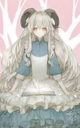 Rule 34 | 1girl, apron, bad id, bad pixiv id, blank eyes, book, dress, empty eyes, hair ornament, horns, kagerou project, kozakura marry, long hair, looking at viewer, memi (issopink), pink background, pink eyes, sheep horns, sitting, smile, solo, white hair